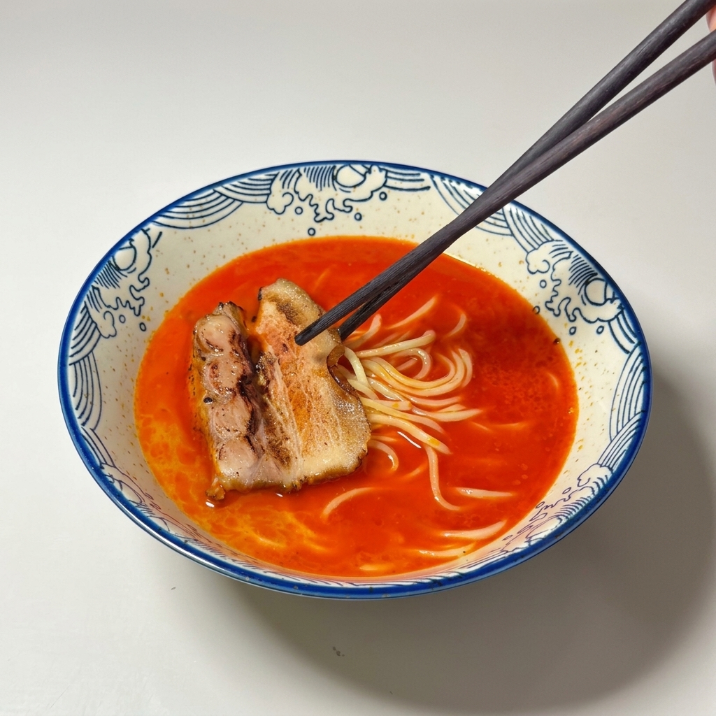 매운 붉은 국물에 담긴 라멘 면 위에 겉을 그을린 차슈 한 조각을 올리는 모습.