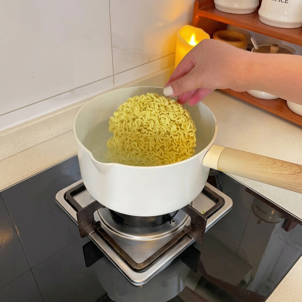 끓는 물에 라면 면발을 넣는 모습