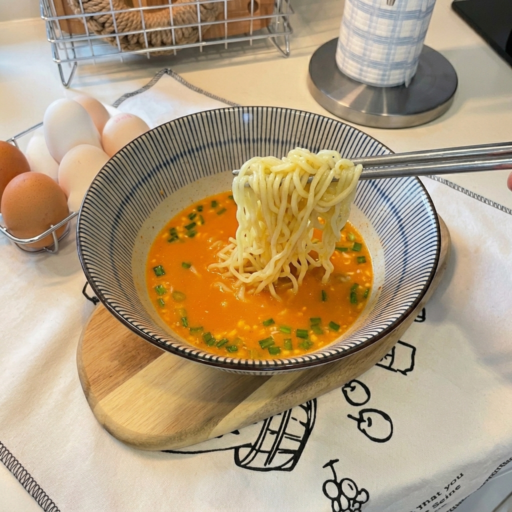 완성된 국물에 면을 담는 모습