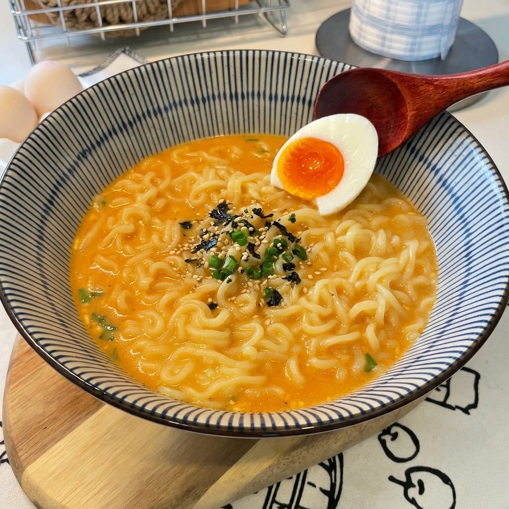 라면 위에 반숙란을 올린 모습