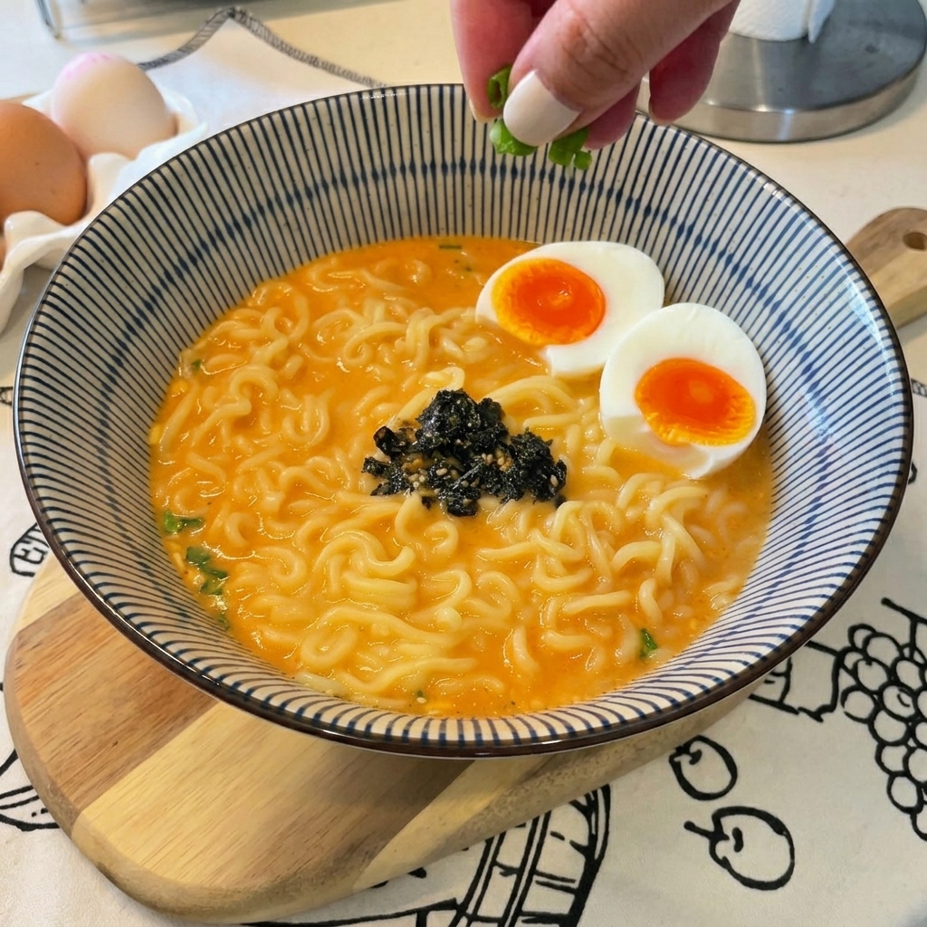 라면 위에 김가루와 깨를 뿌리는 모습