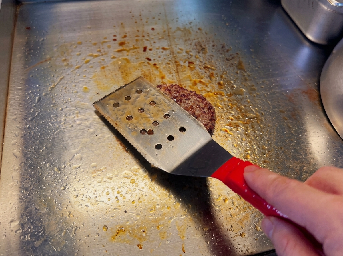 뒤집개로 지글지글 익는 패티를 살짝 누르는 모습