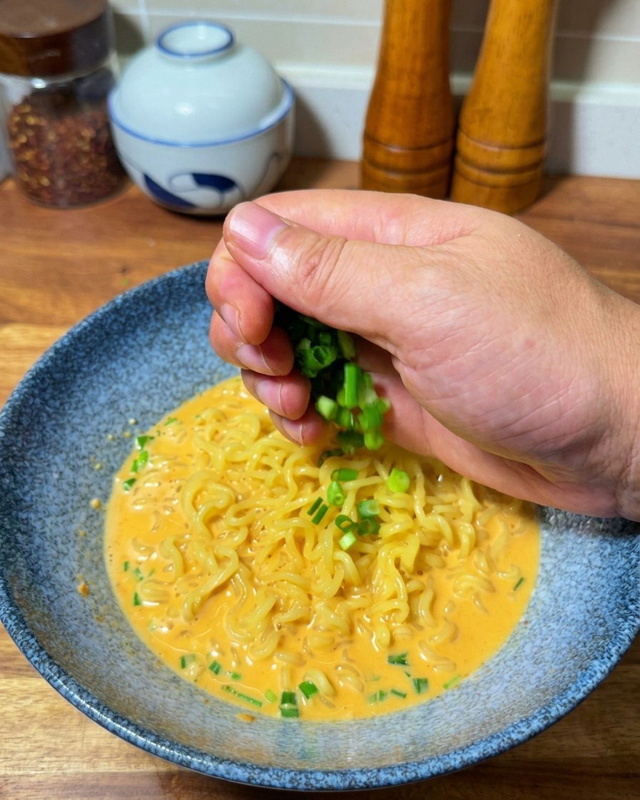 라면 위에 다진 쪽파를 듬뿍 뿌리고 있는 손.