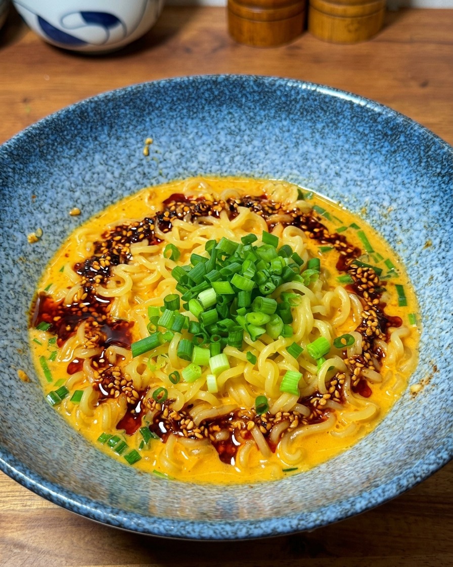 쪽파가 올라간 라면 위에 붉은 고추기름을 두르는 모습.