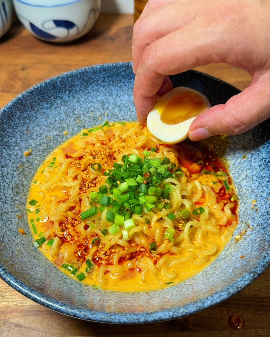 노른자가 흐르는 반숙 계란을 라면 위에 올리는 모습.