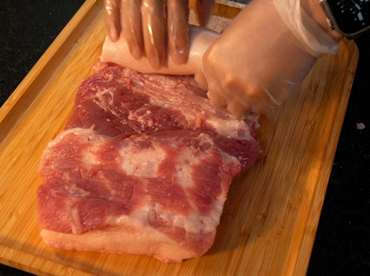 대나무 도마 위에서 장갑을 낀 손으로 커다란 통삼겹살을 단단하게 원통형으로 마는 모습.