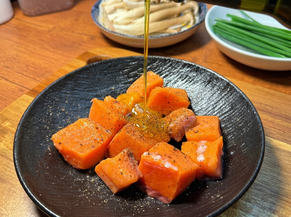 밑간을 마친 생연어 조각 위에 올리브유를 얇게 뿌리는 모습.
