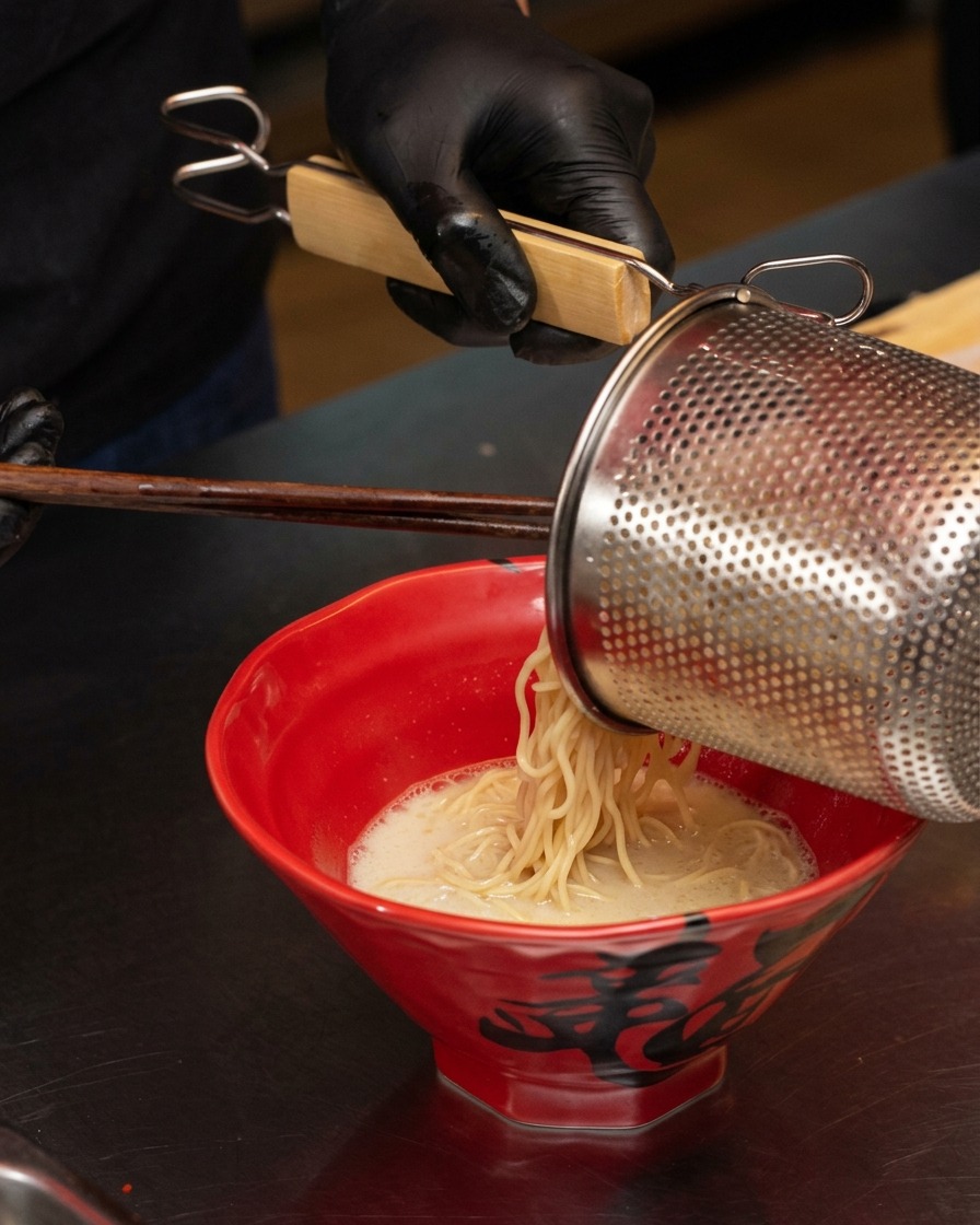 라멘 조리기구로 잘 익은 면을 건져 뜨거운 육수가 담긴 그릇에 옮기는 모습