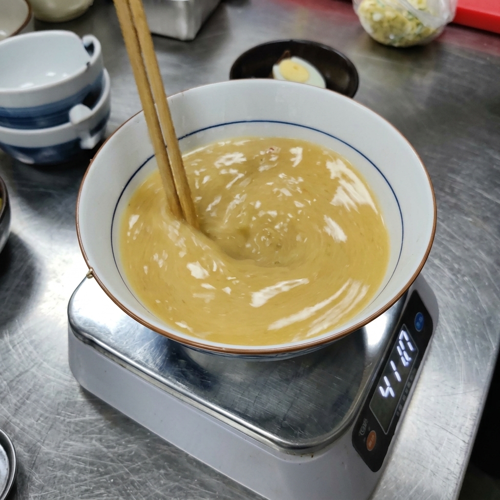 서빙용 그릇 안에서 젓가락으로 미소 된장과 뜨거운 육수를 섞는 모습.