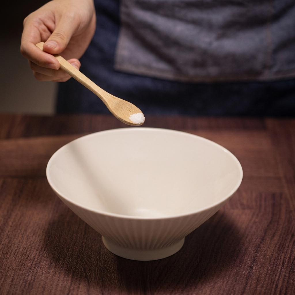 빈 세라믹 라멘 그릇 바닥에 나무 숟가락으로 소금을 한 스푼 담는 모습.