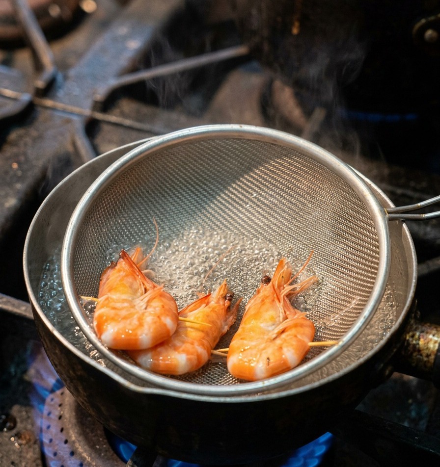 끓는 물이 든 냄비 속 채반에 담긴 통새우 세 마리가 익어가는 모습.