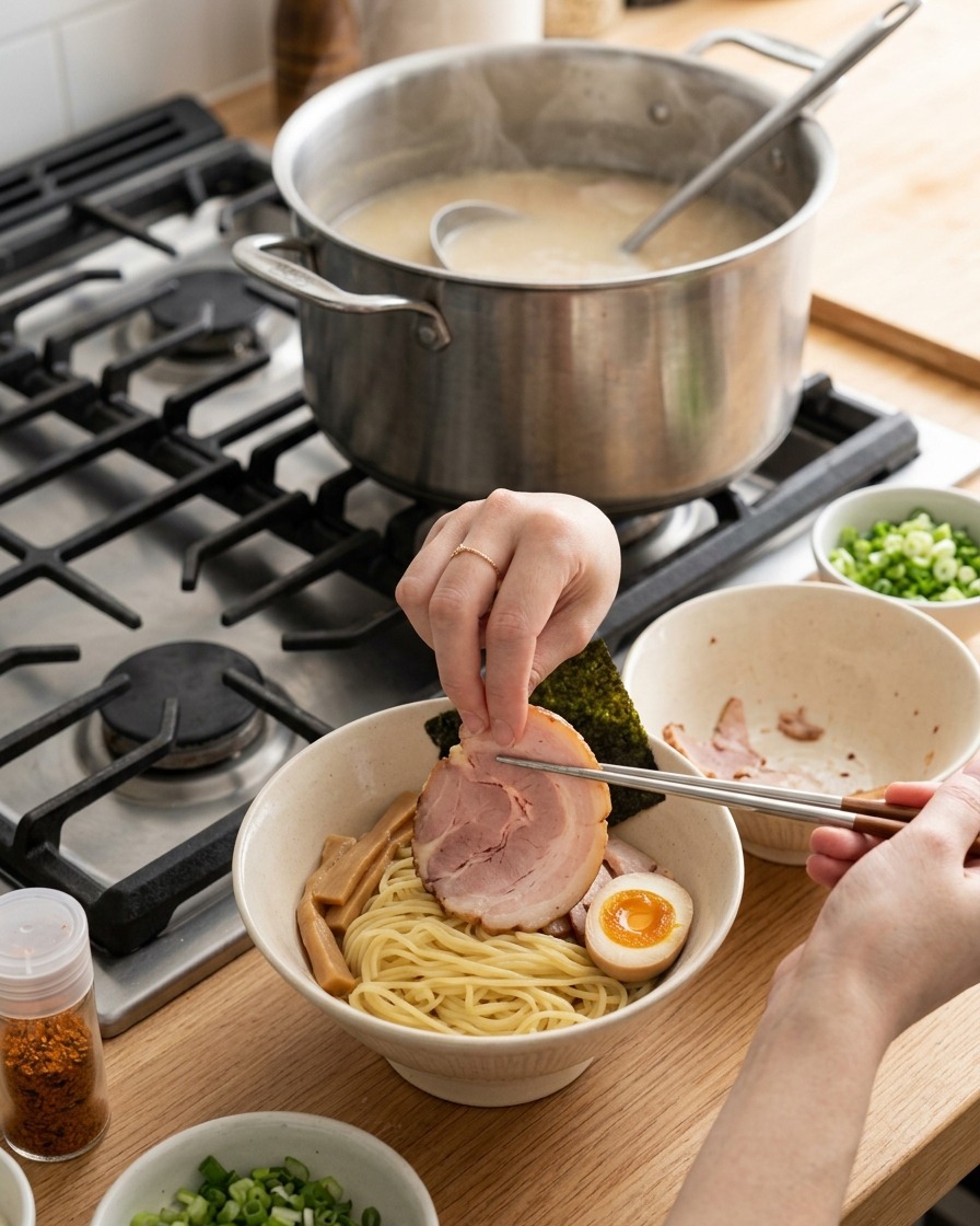 면과 반숙란이 담긴 라멘 그릇에 얇게 썬 오리고기 한 조각을 정성껏 올리는 손.