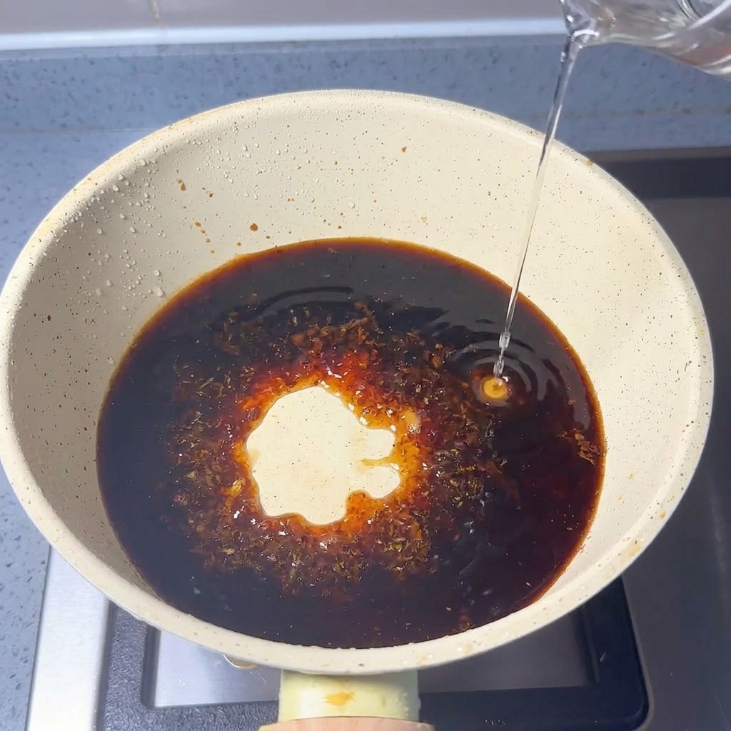 진한 간장이 담긴 팬에 투명한 액체와 어분 가루를 붓는 모습.