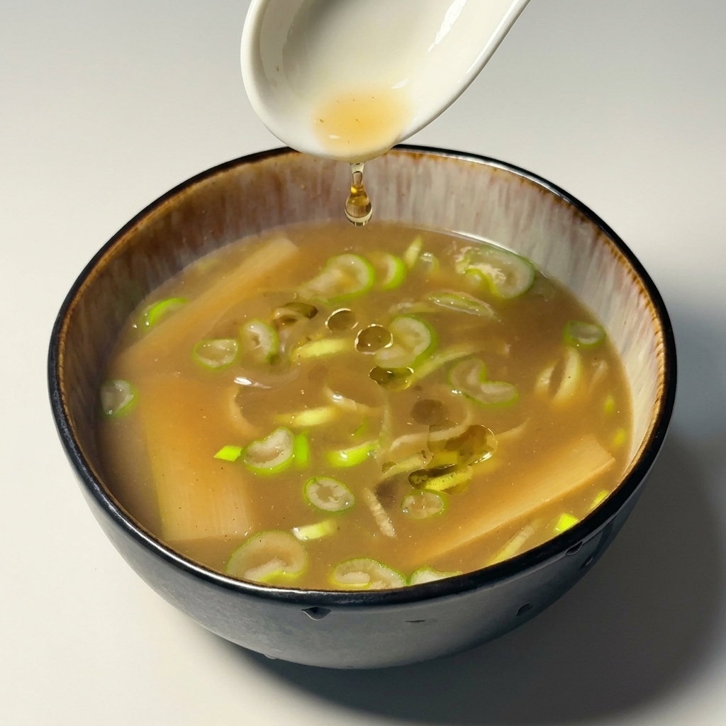 육수 그릇 위에 숟가락으로 황금빛 오일을 떨어뜨리는 모습.