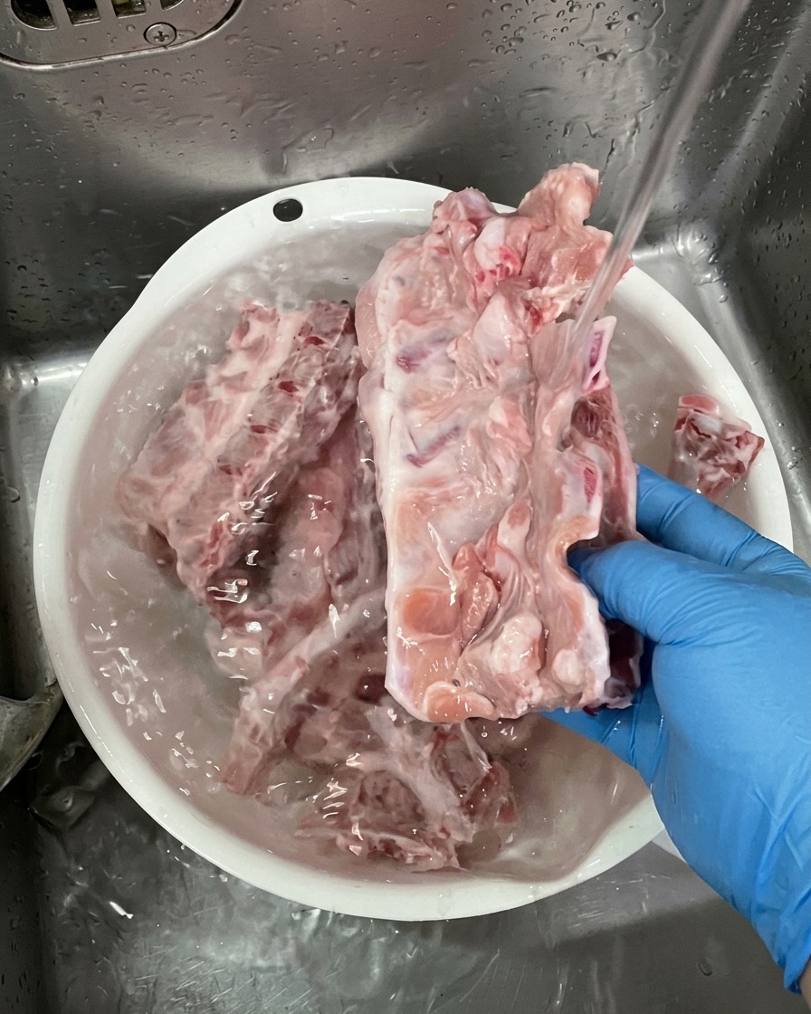 흰색 플라스틱 대야에서 파란색 장갑을 낀 사람이 흐르는 물에 생 돼지뼈를 깨끗이 씻는 모습