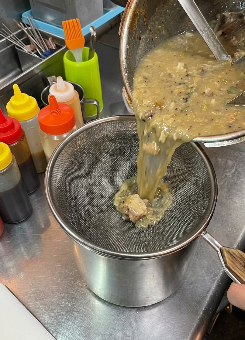 커다란 솥에 든 걸쭉하고 크리미한 라멘 육수를 고운 금속 채반에 걸러 스테인리스 통에 담는 모습