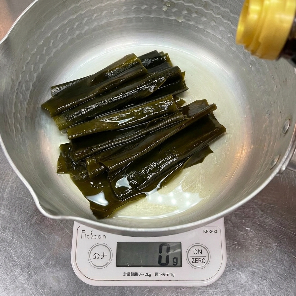은색 냄비에 담긴 짙은 녹색의 다시마 조각들을 전자저울에 올려 무게를 재며 액체 양념을 붓는 모습