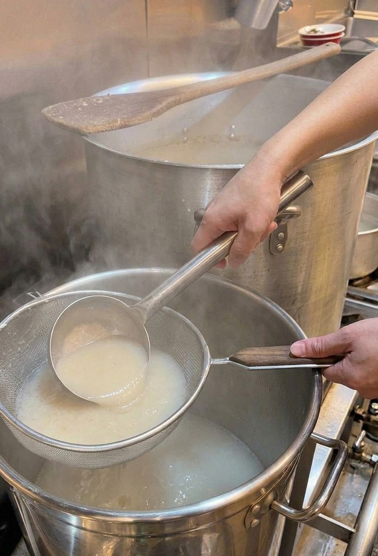 커다란 업소용 냄비에서 거품이 이는 뽀얗고 진한 돼지 육수를 국자로 떠서 작은 스테인리스 냄비로 옮기는 모습
