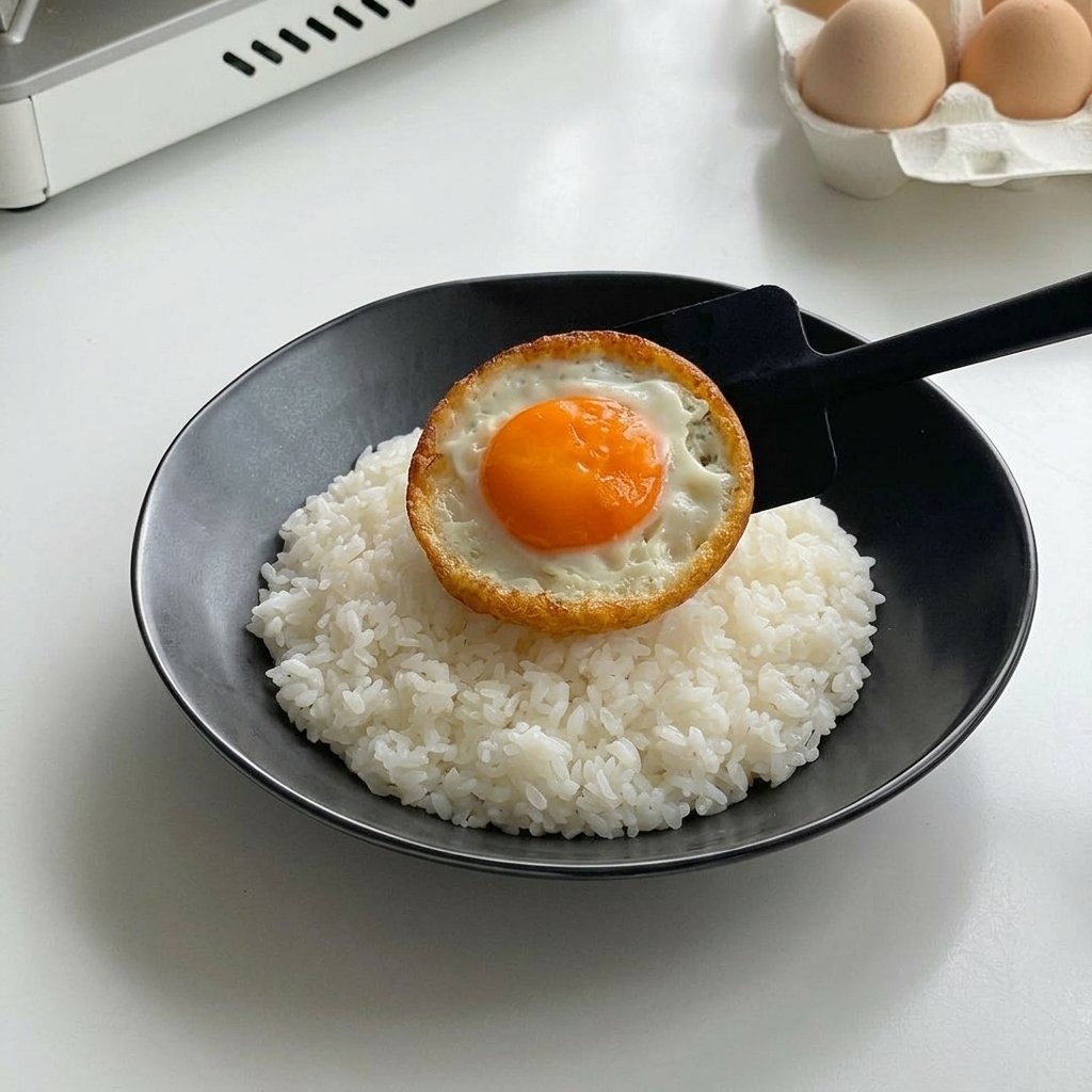 검은색 뒤집개를 사용해 검은색 볼에 담긴 하얀 쌀밥 위에 가장자리가 바삭하게 익은 달걀프라이를 조심스럽게 올리는 모습