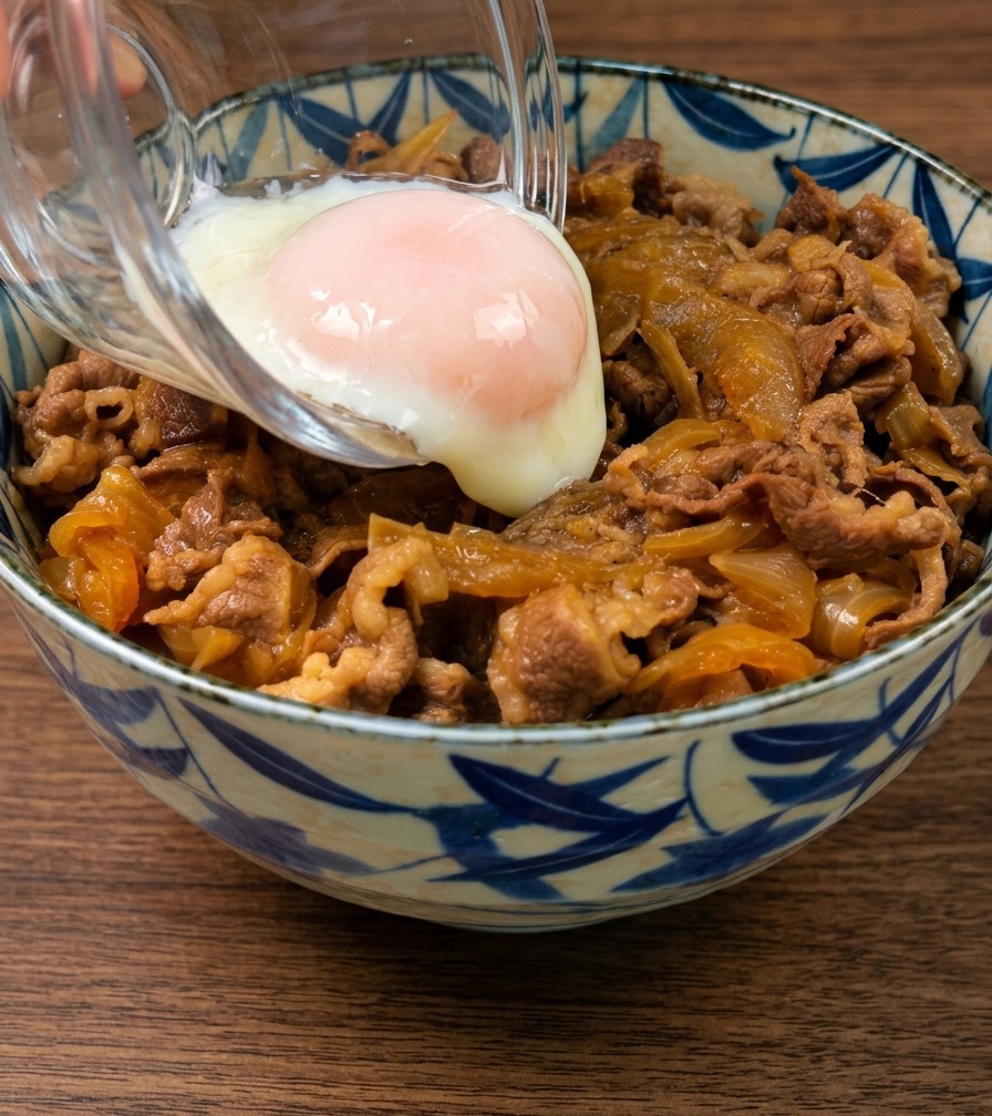 유리 볼에서 소고기 덮밥 위로 부드러운 흰자에 싸인 온센타마고를 조심스럽게 미끄러뜨려 올리는 모습.