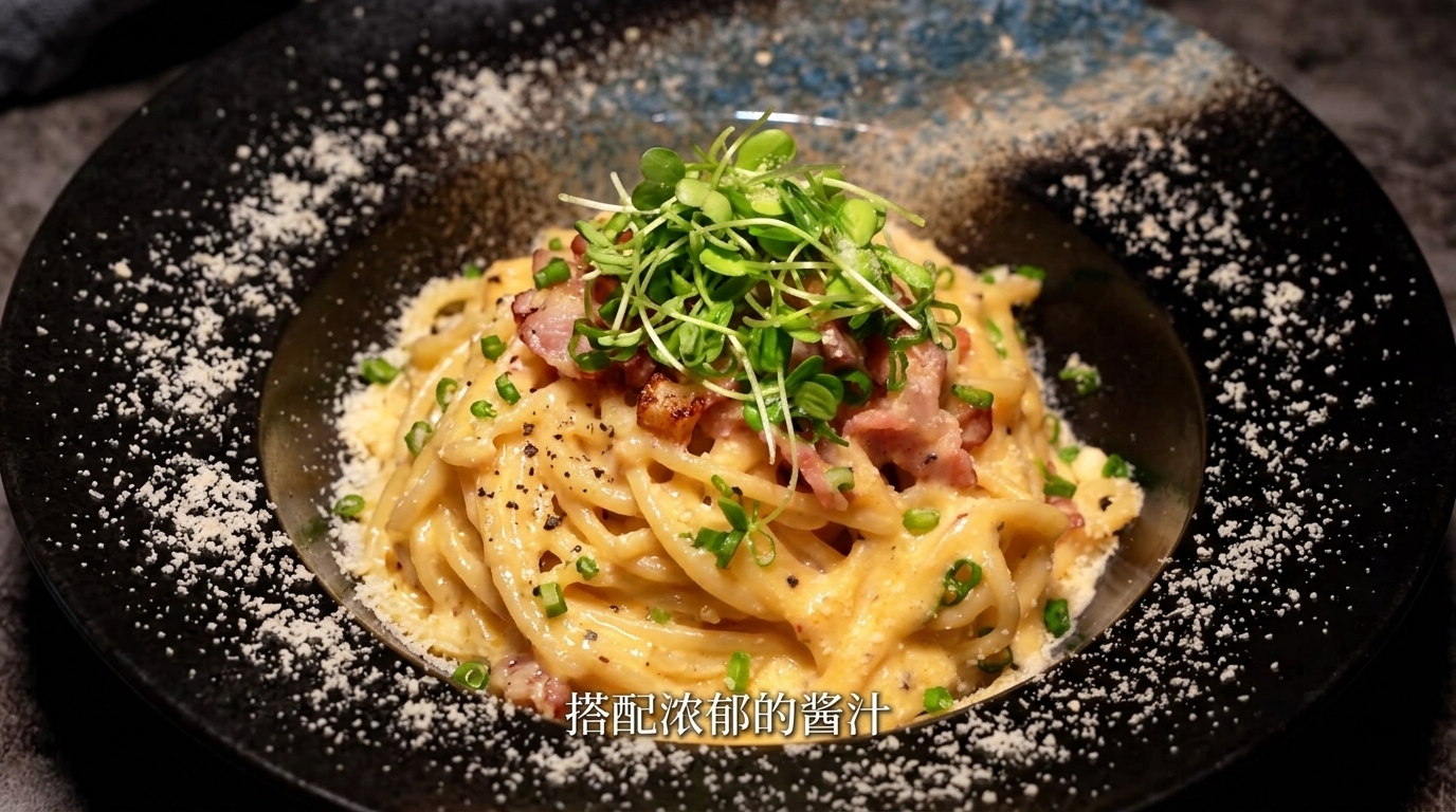 바삭한 베이컨을 곁들인 부드러운 스파게티 까르보나라
