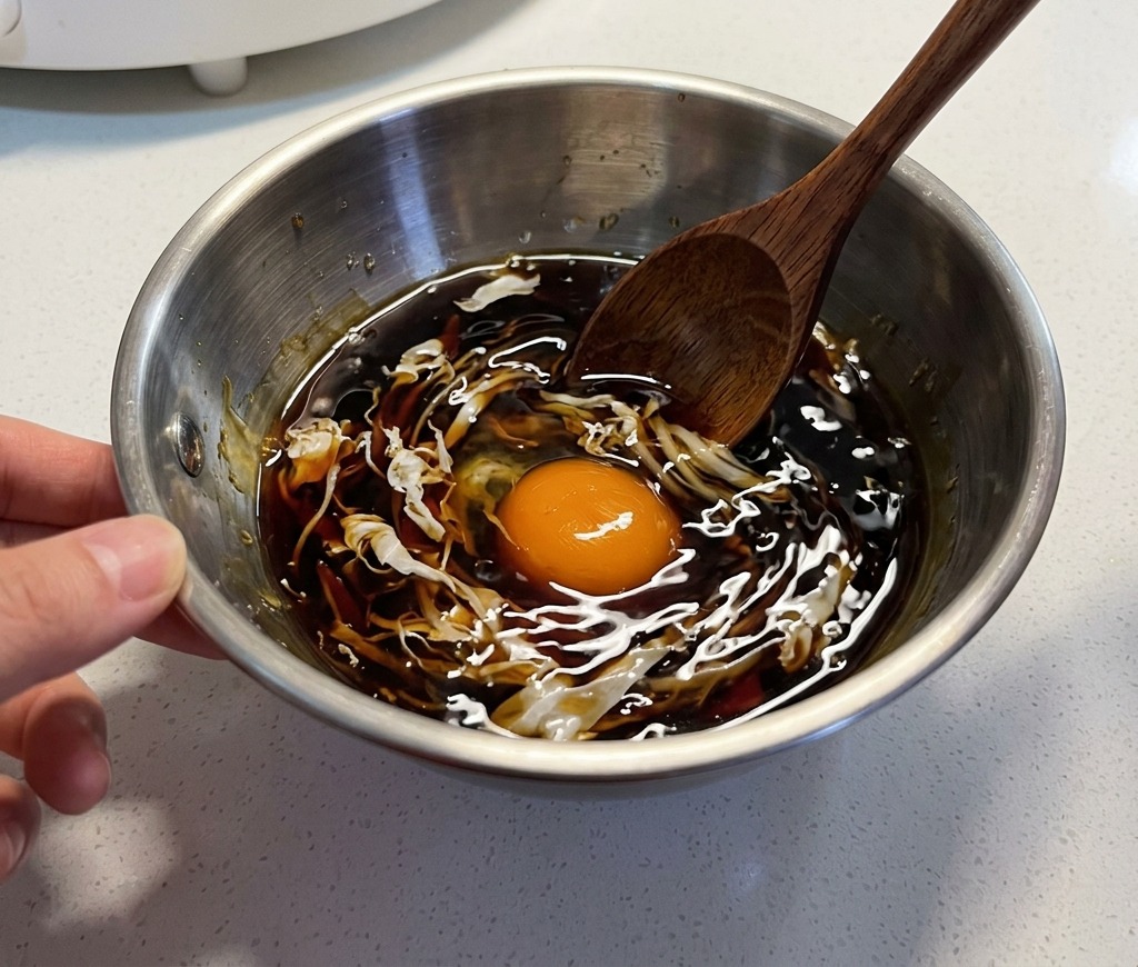 믹싱볼에 담긴 달콤 짭조름한 감칠맛 소스를 나무 숟가락으로 젓는 모습.