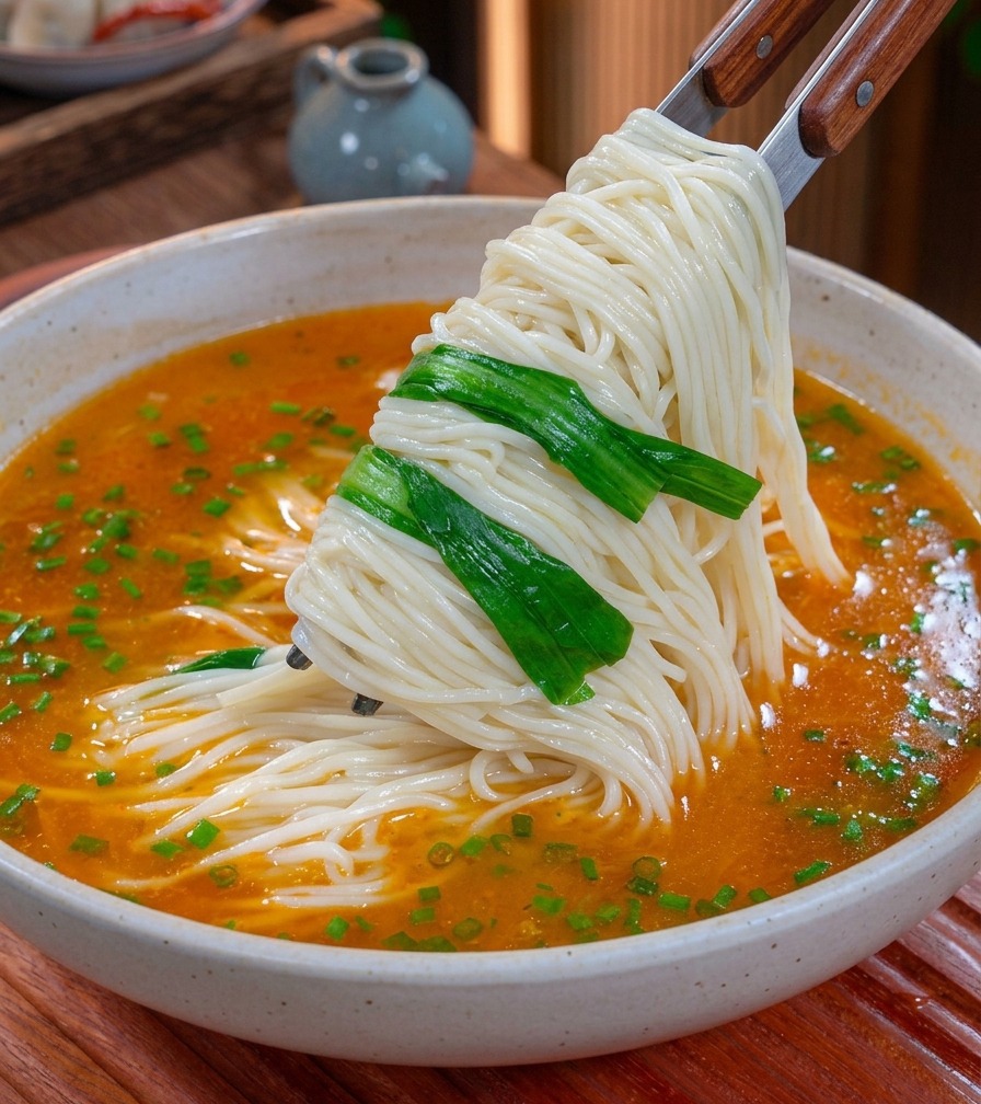 젓가락으로 끓인 면과 푸른 채소를 집어 올려 주황빛 국물이 담긴 그릇에 옮기는 모습