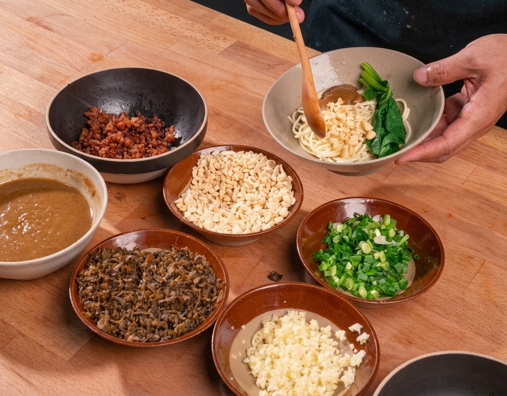 참깨 소스와 채소가 이미 올려진 탄탄면에 다진 땅콩을 나무 숟가락으로 추가하는 모습. 주변에는 다양한 토핑이 담긴 작은 그릇들이 놓여 있음.
