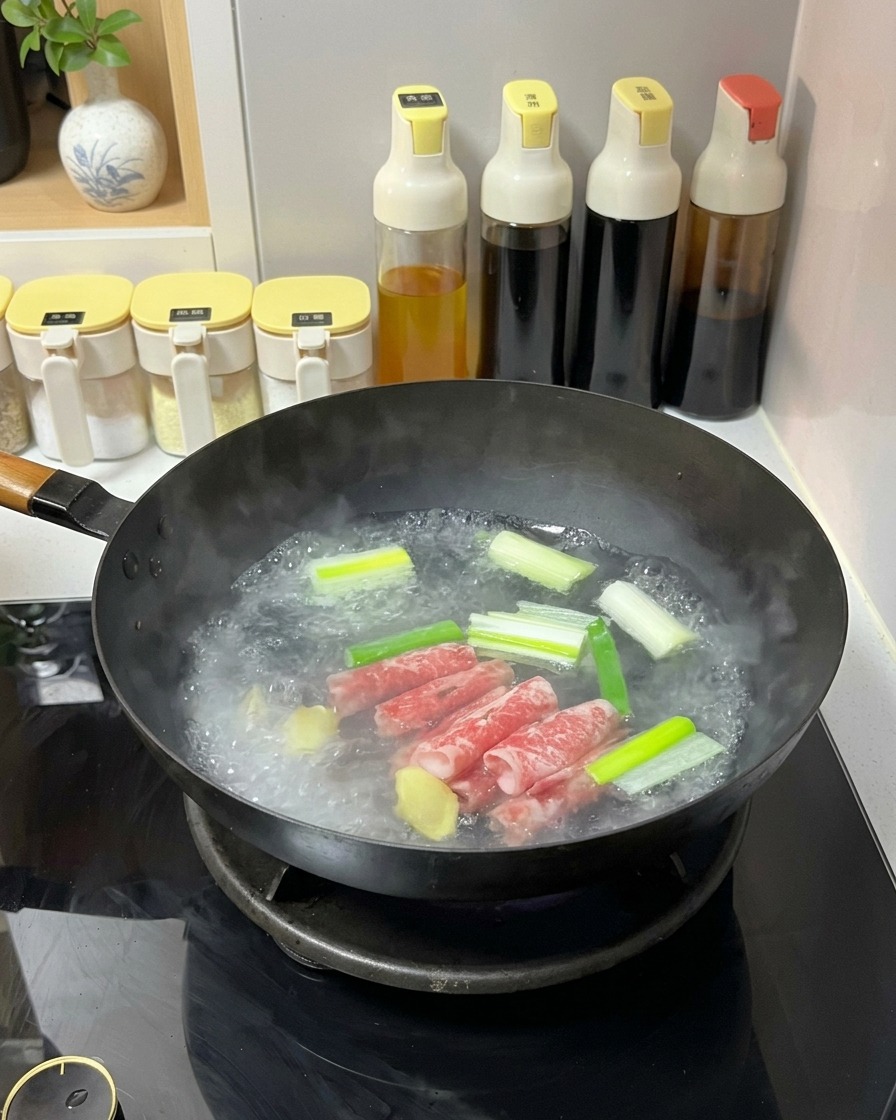 생강과 대파가 든 끓는 물 냄비에 얇게 썬 생 소고기를 넣고 데치는 모습.
