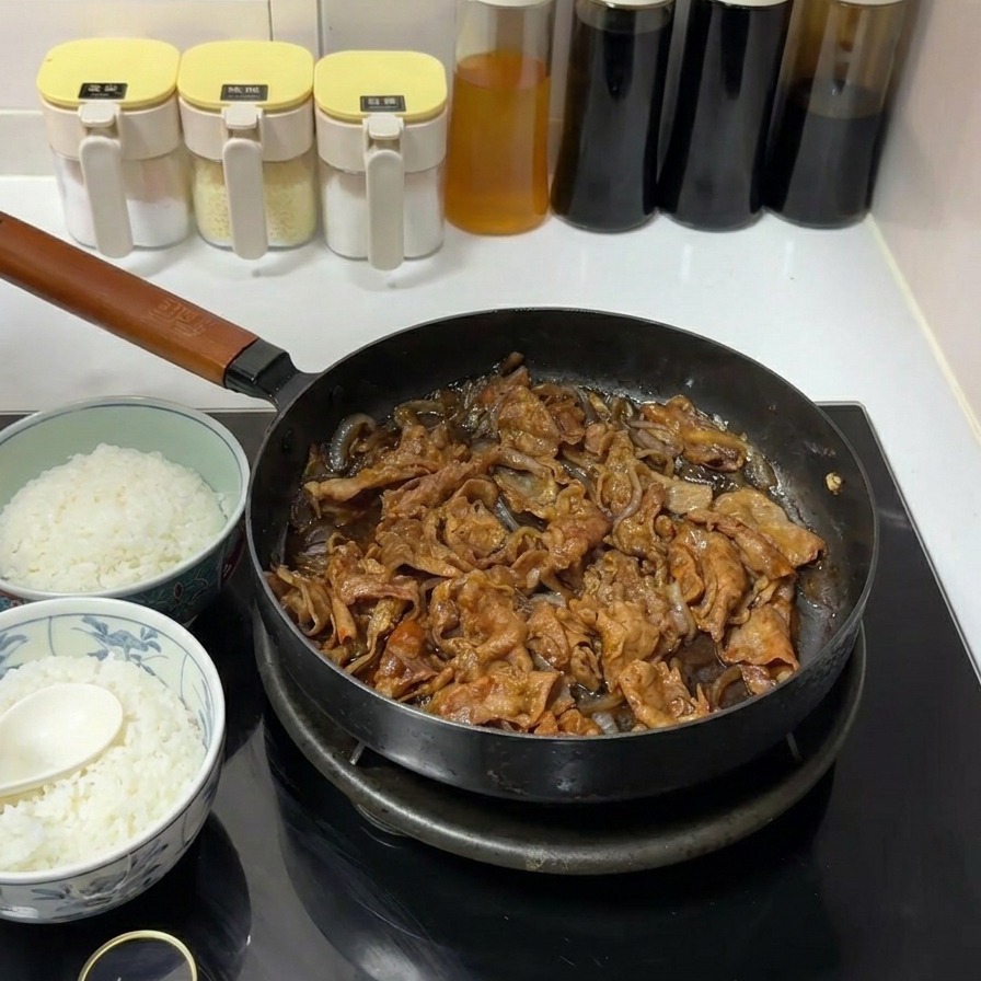 인덕션 위 검은색 프라이팬에서 진하고 달콤한 간장 소스에 자작하게 졸여지고 있는 얇은 소고기와 양파.