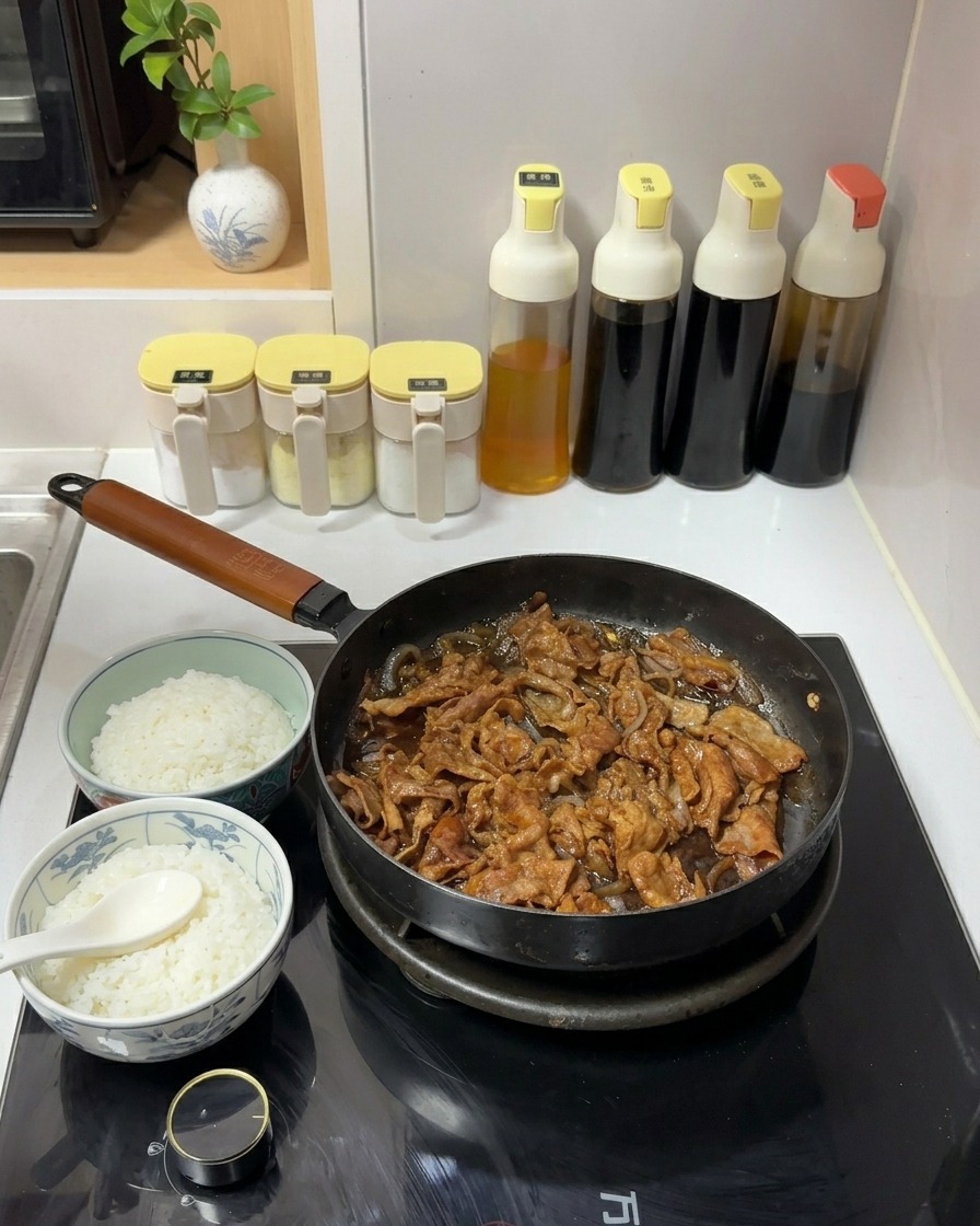 프라이팬에서 소고기 요리가 졸여지는 옆에 하얀 쌀밥 두 그릇이 놓여 있는 모습.