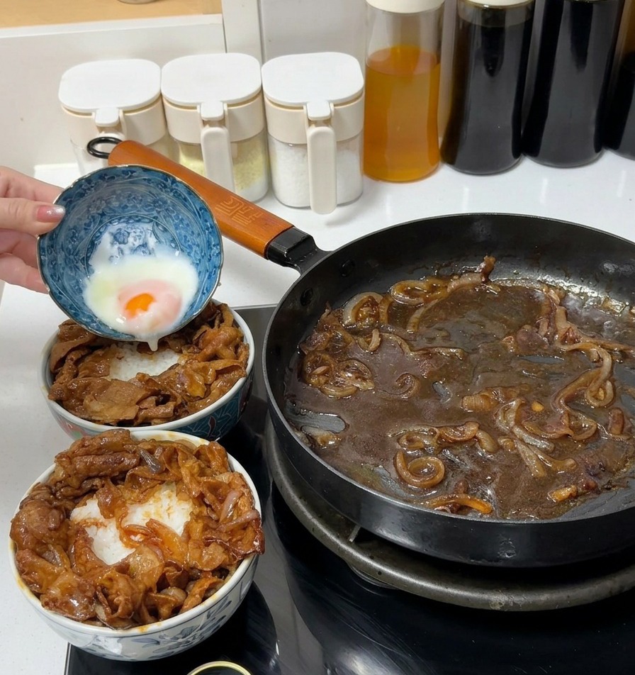 푸른 패턴의 도자기 그릇에서 소고기가 올라간 밥그릇 중앙으로 촉촉한 온센타마고를 부드럽게 떨어뜨리는 모습.