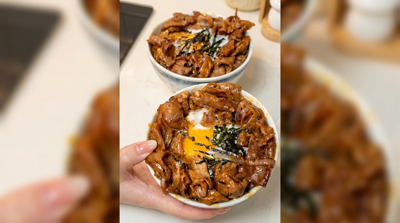 온센타마고를 곁들인 일본식 소고기 덮밥 (규동)
