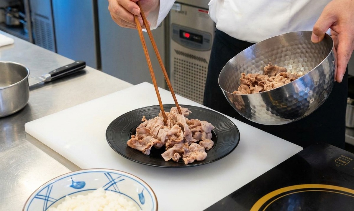 긴 나무 젓가락을 사용해 데쳐진 소고기를 냄비에서 건져 넓은 검은색 접시에 옮겨 담는 모습