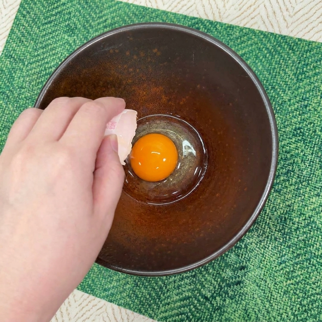 진한 주황색 생계란 노른자를 갈색 세라믹 그릇에 조심스럽게 담는 모습