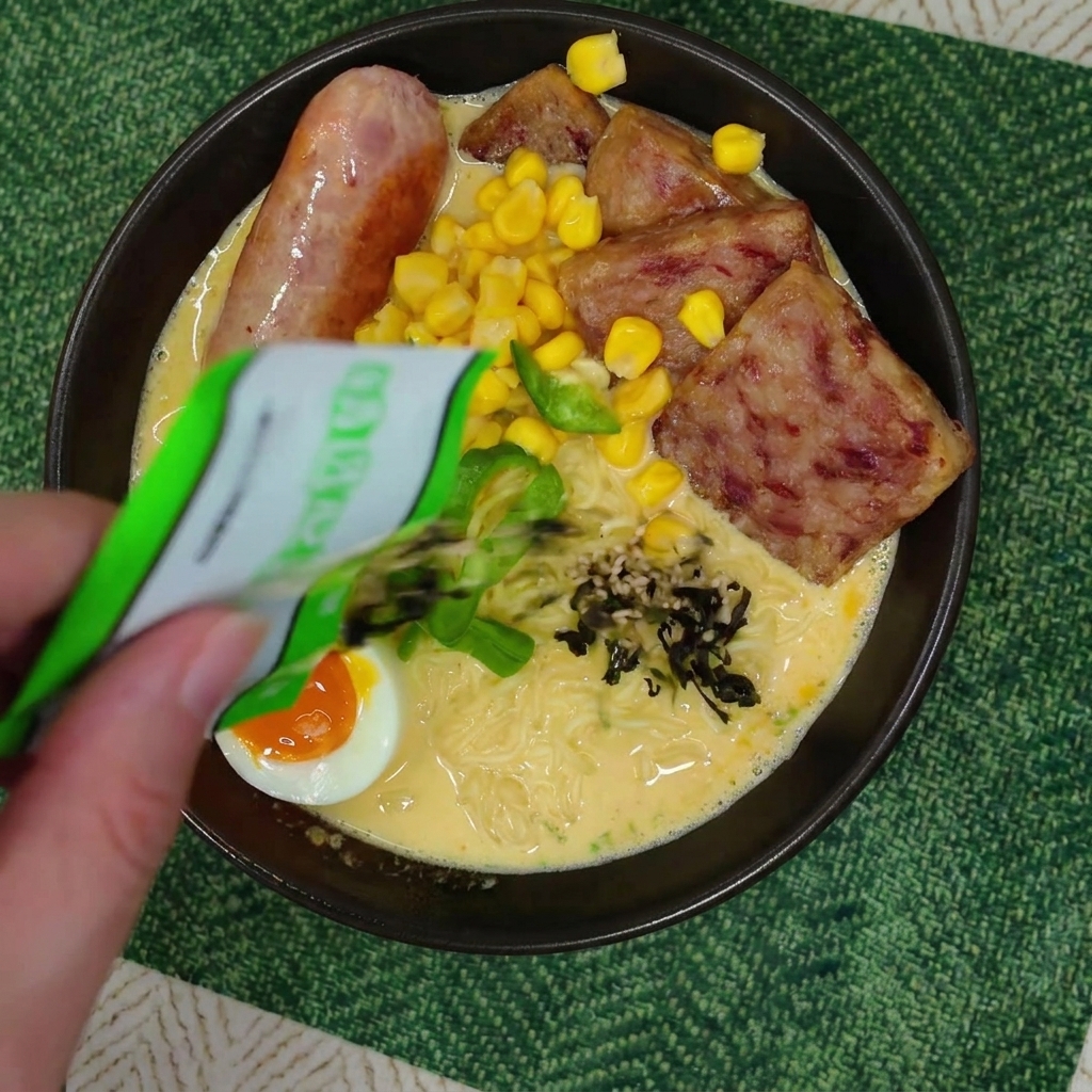 완성된 라면 위에 김가루와 참깨를 골고루 뿌리는 손