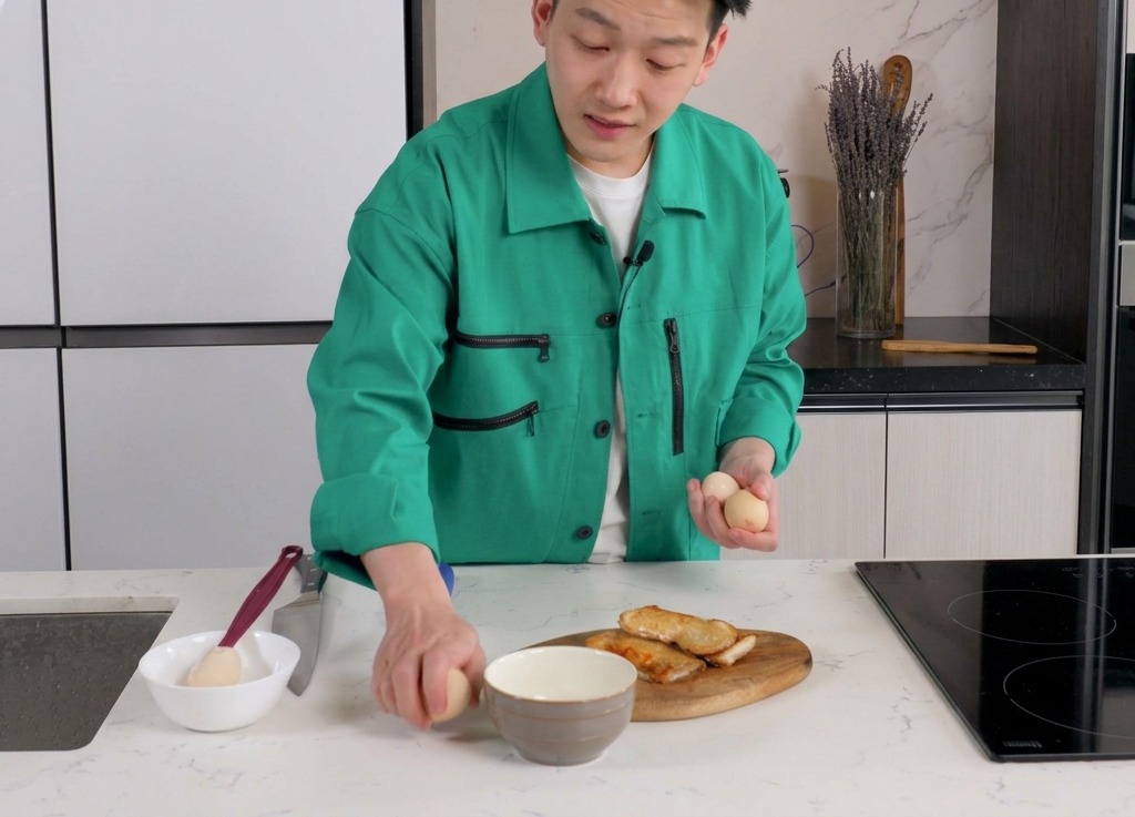 깨끗한 주방 조리대 위 세라믹 볼에 신선한 달걀을 깨 넣는 조리사의 모습.