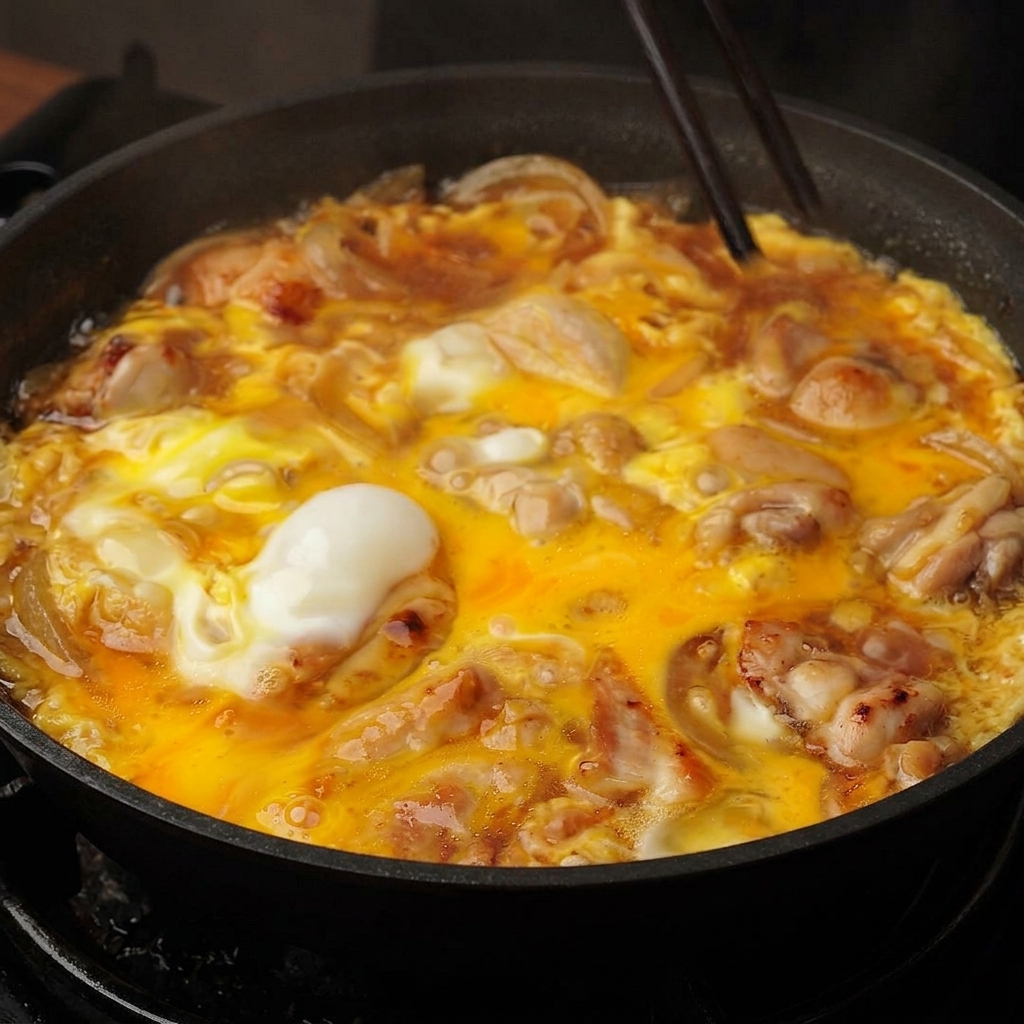 감칠맛 나는 갈색 소스 속에서 반숙으로 익은 달걀과 닭고기 위로 젓가락을 살짝 움직이는 모습