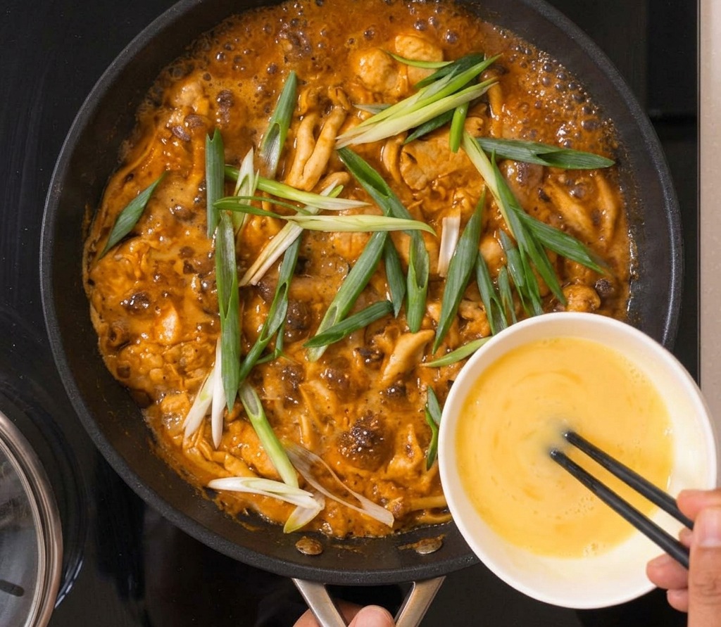 닭고기, 백만송이버섯, 신선한 대파가 담긴 끓는 팬에 젓가락을 이용해 흰색 볼에서 달걀물을 둘러 붓는 손
