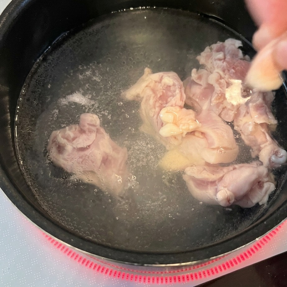 빨간색 인덕션 위에 놓인 끓는 물이 담긴 냄비에 생 닭고기 조각을 넣는 손.