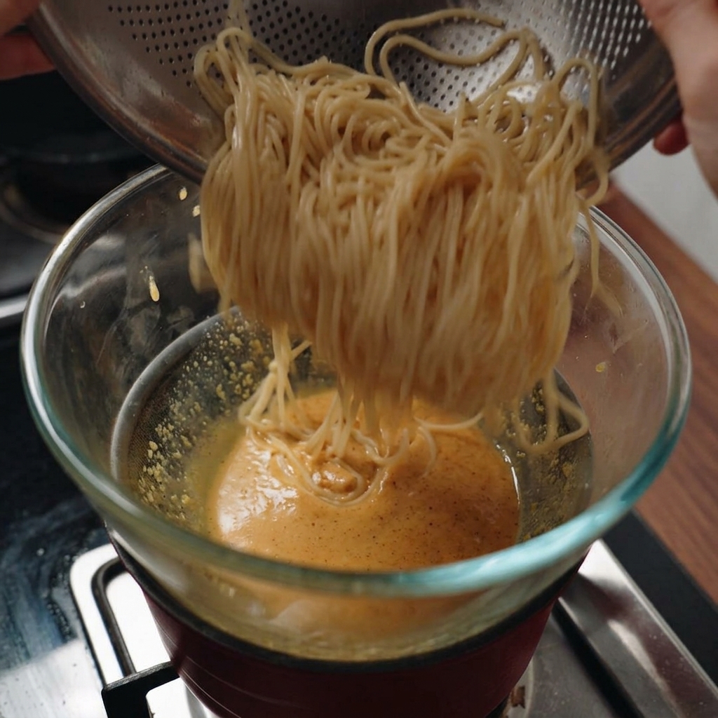 수증기가 올라오는 냄비 위 소스 볼에 삶아진 스파게티 면을 옮겨 담는 모습.