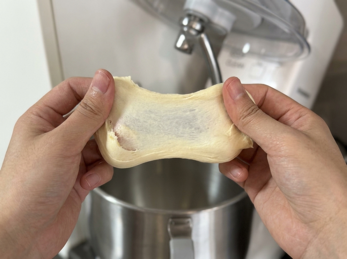 작은 반죽 덩어리를 양손으로 살살 늘려 얇고 반투명한 막이 생기는지 확인하는 모습.