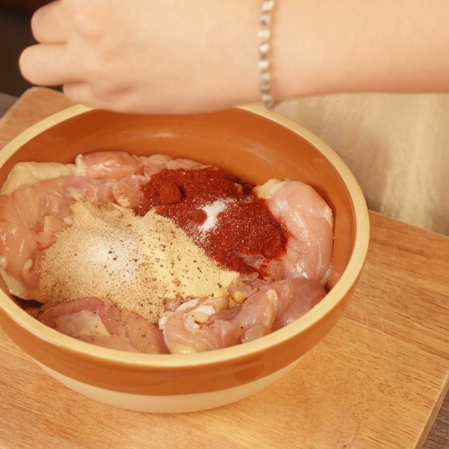 밑간이 된 닭다리살 위에 레몬즙을 짜고 후추를 가는 모습