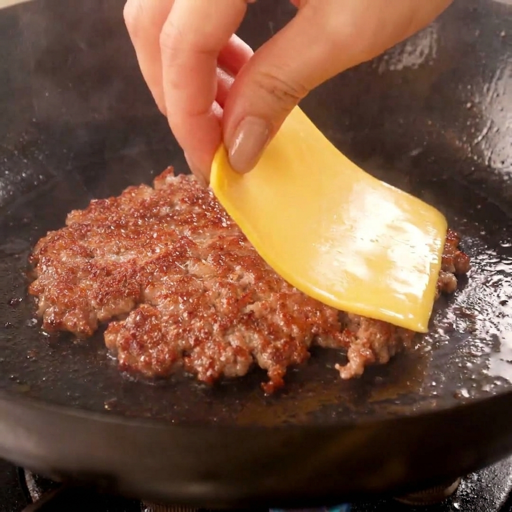 팬에서 노릇하게 구워진 패티 위에 노란 체다 치즈 한 장을 올리는 모습
