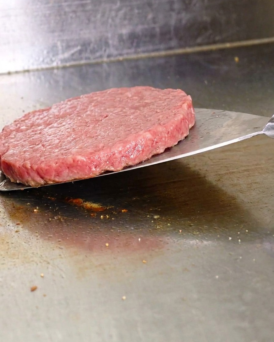 금속 뒤집개를 이용해 그리들에서 고기 패티를 긁어내듯 들어 올려 뒤집는 모습.