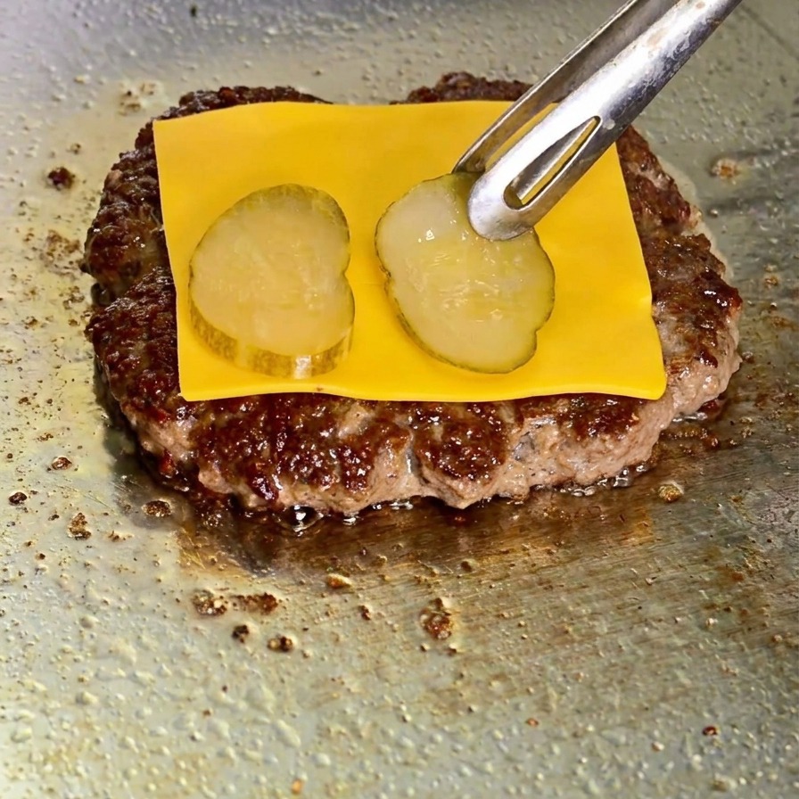 녹아내리는 치즈 위에 집게로 피클 조각을 올리는 모습.