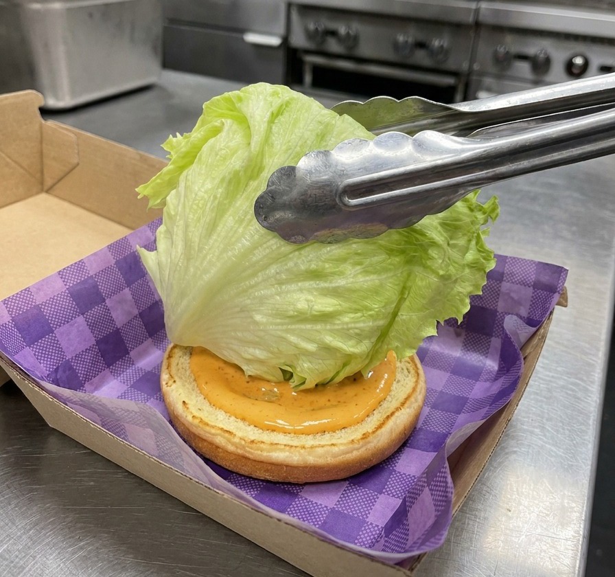 소스를 바른 빵 위에 신선한 양상추를 올리는 모습.