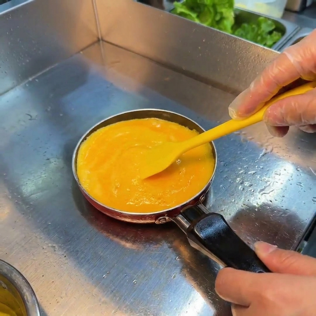 주걱으로 팬 위의 부드러운 달걀을 중앙으로 밀어내는 모습.