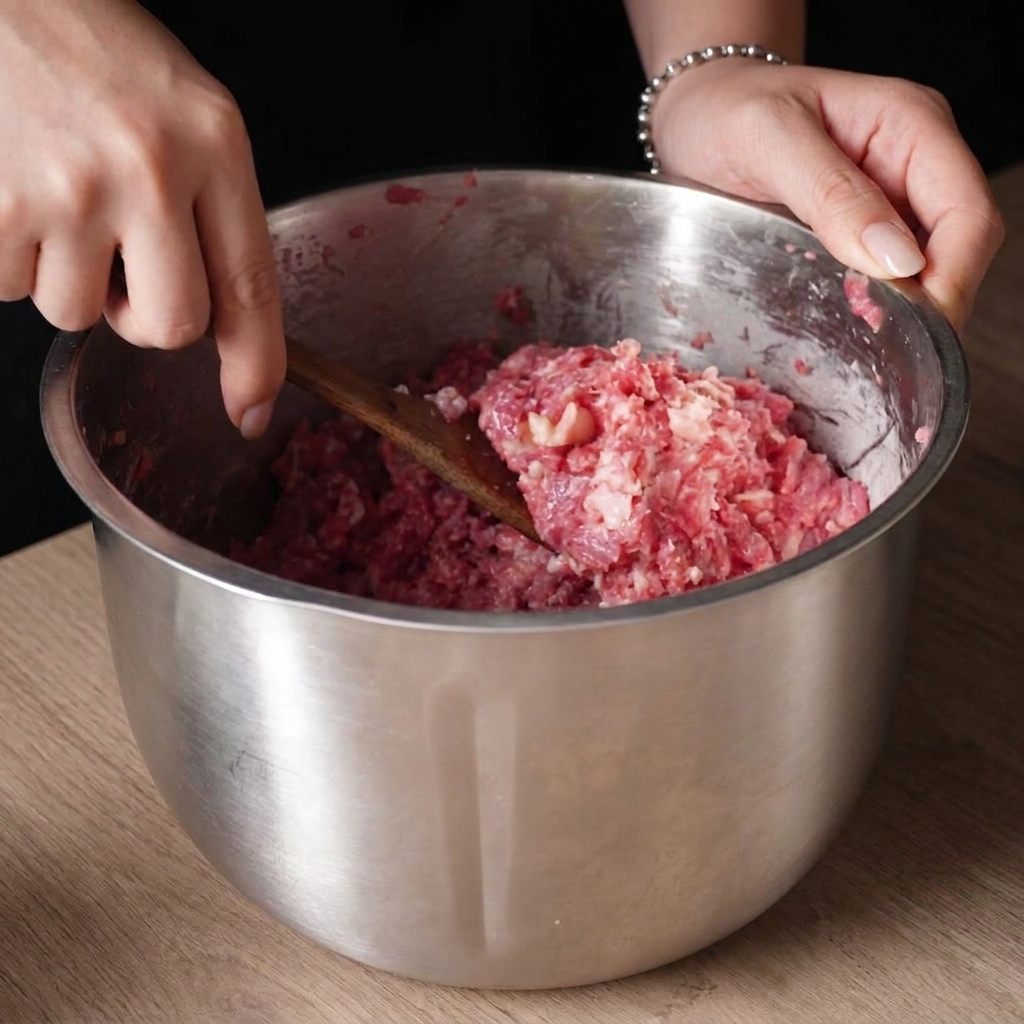 스텐 볼에 담긴 거칠게 다져진 소고기 반죽.