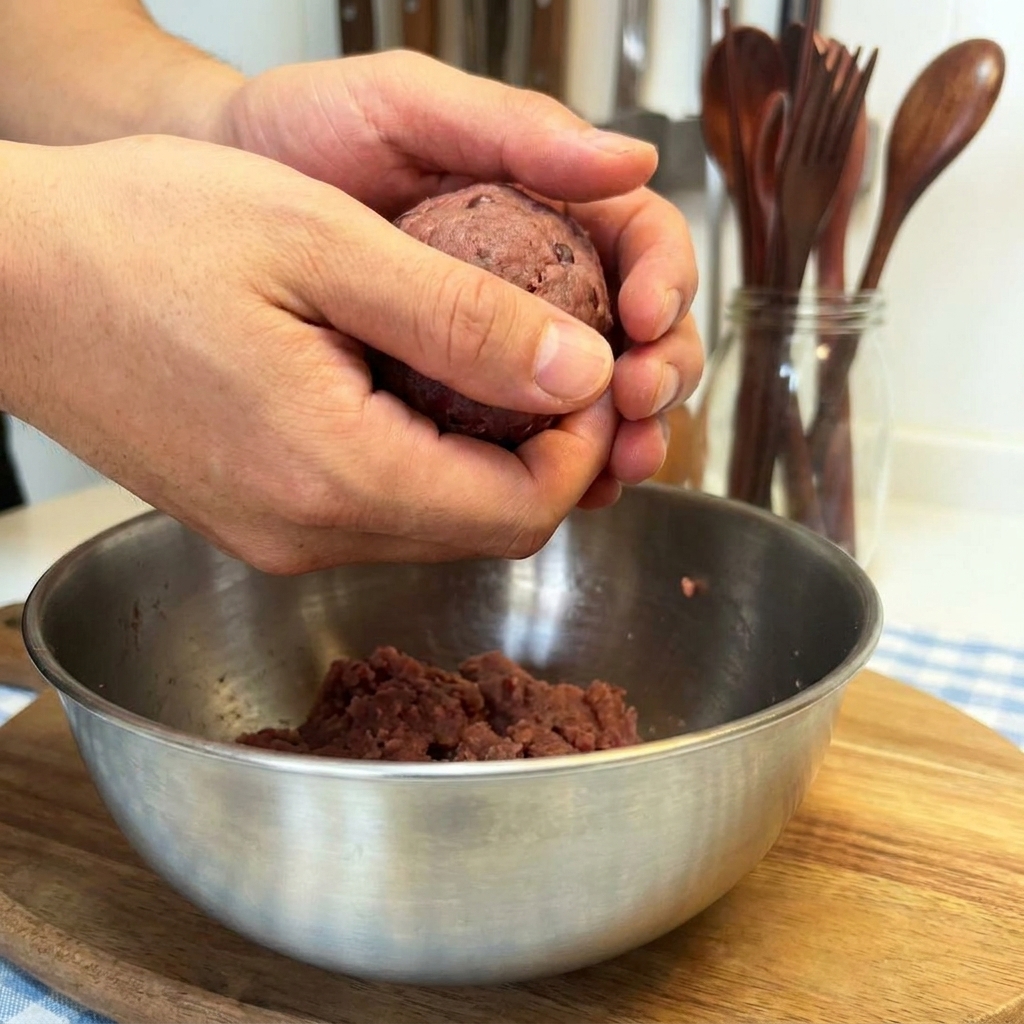 양손으로 소고기 반죽을 둥글고 단단하게 뭉치고 있는 모습